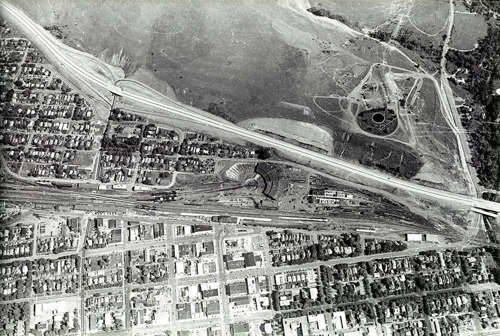 Aerial view of Missoula, Montana, showing Waterworks Hill, the rail yard and north Missoula along Interstate 90